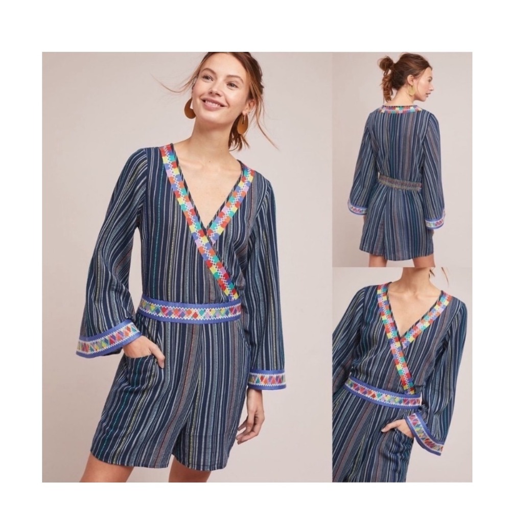 LAIA Nantucket Striped‎ Romper Embroidered Neckline Waist Cuffs Pockets Size M